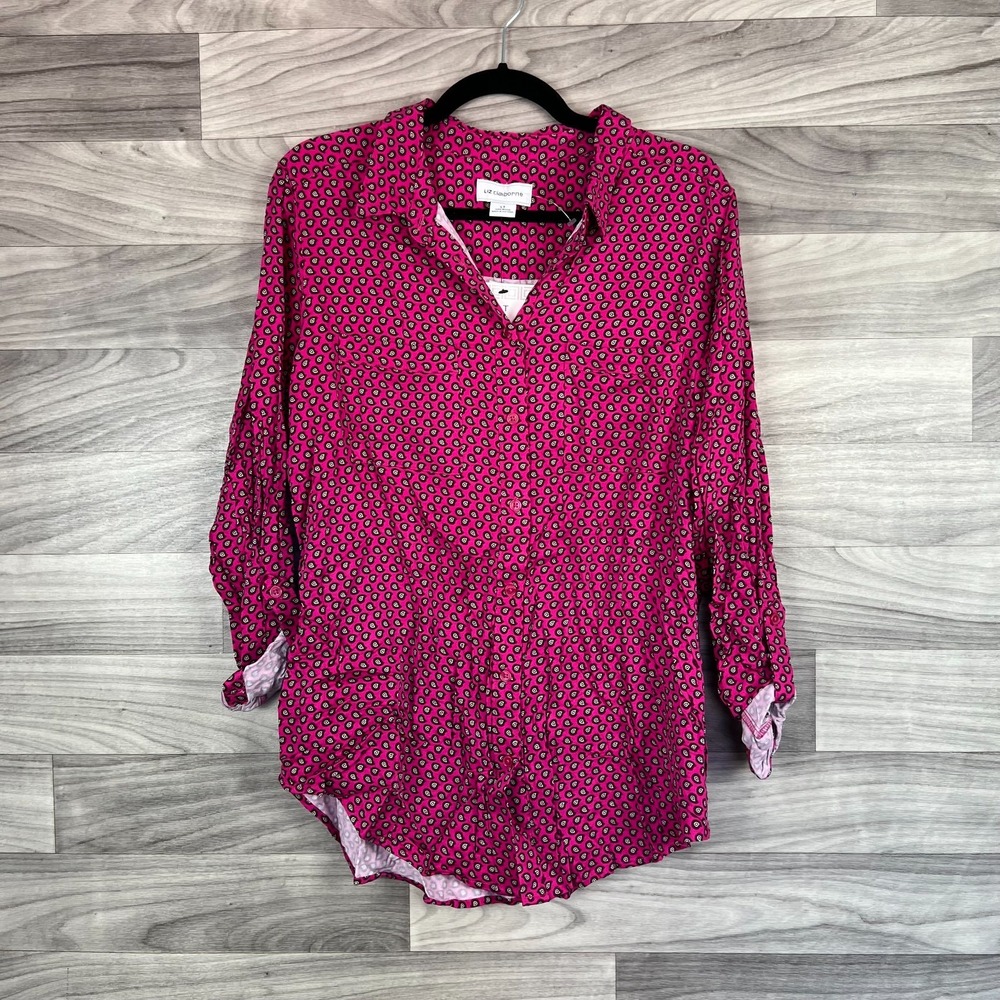 Liz Claiborne Shirt Women LT Pink Paisley Print Roll Tab Sleeve Collar Button Up